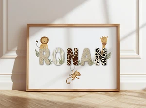 Personalised Name Print Safari Animal Jungle, New Baby Gift, Nursery Decor - Picture 1 of 14