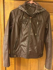 Joujou Brown Vegan Leather Zip Jacket Sz L Removable Hood Juniors Womens - Bild 1 von 6