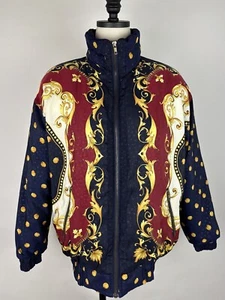 Vintage 90s Paisley Puffer Jacket S Down Fill Baroque Polka Dot Jacquard Navy - Picture 1 of 14