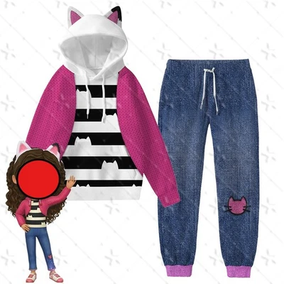 Conjunto de 2 PIEZAS Niños Adultos Cazadores de Demonios Impresos con Oreja de Gato Sudadera con Capucha + Vaqueros Foto 1 de 4