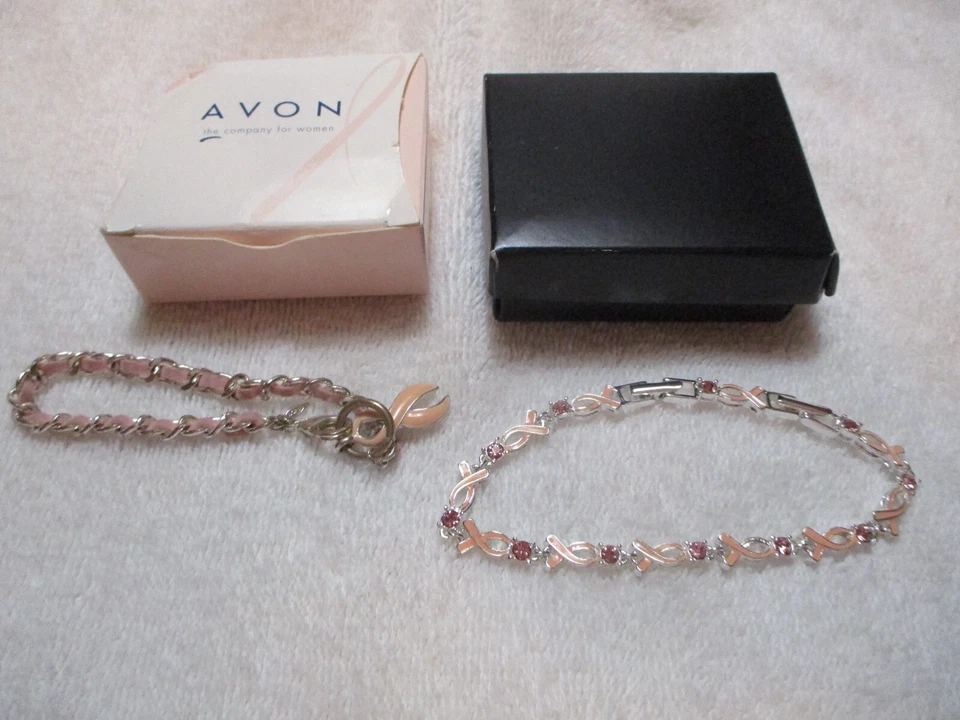 (2) Vintage AVON Bracelets Pink Rhinestone Breast Cancer Awareness Ribbon ~New - Image 1 of 1