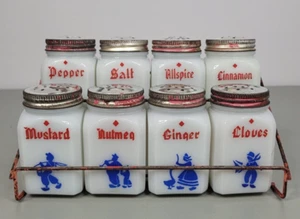 Vintage Milk Glass Kitchen Spice Jars Dutch Rack Red Blue Graphics Complete - Picture 1 of 6