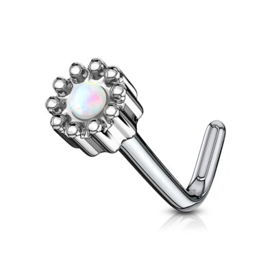 Opal Centered Round Top 316L Surgical Steel L Bend Nose Stud Rings  - Image 1 of 2