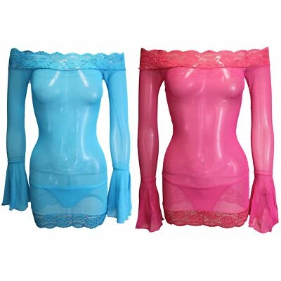 Set of 2 Flirtzy Sexy Sheer Mesh Bell Sleeve Mini Dress and Thong Lingerie - Image 1 of 4