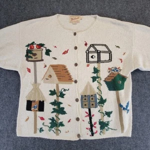 Woolrich Cardigan Pullover Damen groß elfenbeinfarben gestrickt gehäkelt Knopfleiste Vogelhaus - Bild 1 von 11