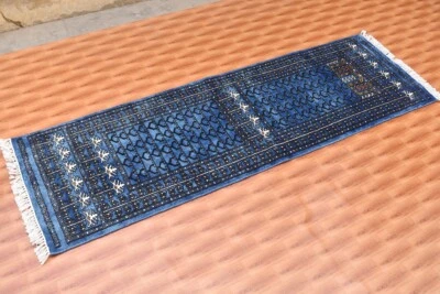 Sky Blue Color Carpet 2x6 Oriental Corridor Traditional Hand made Striped Rug - Image 1 of 4