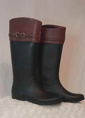 C. WONDER RAIN BOOTS 黑色橡胶和棕色皮革金色装饰女式美国 10 码 — 第 1/4 张图片