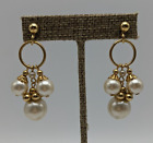 Vintage Gold Tone White Plastic Faux Pearl Bead Cluster Dangling Pierced Earring