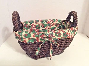Brown Weave Basket Side Handles Christmas Holly Berries Fabric Liner Oval - Picture 1 of 6