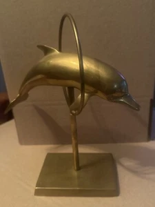 Vintage Brass Dolphin Jumping Through Hoop MCM Mid Gold 11" Nautical Sculpture - Picture 1 of 7