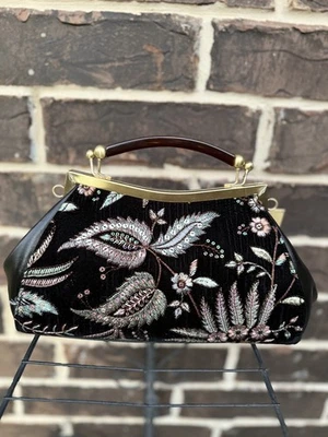 NWT $149 Patricia Nash Velvet Kelmscott Frame Crossbody Satchel Black multi - Image 1 of 4