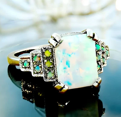 CLASSIC ART DECO STYLE LAB-CREATED OPAL 925 STERLING SILVER RING            #648 - Image 1 of 3