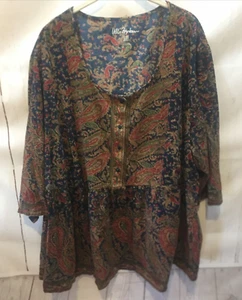 Ulla Popken Women 36/38 100% Cotton Drop Waist Button Top Scoop Neck PaisleyBoho - Picture 1 of 5