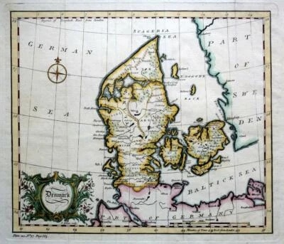 DENMARK  BY JOHN GIBSON c1752 GENUINE LARGE ENGRAVED ANTIQUE  MAP - Image 1 of 4