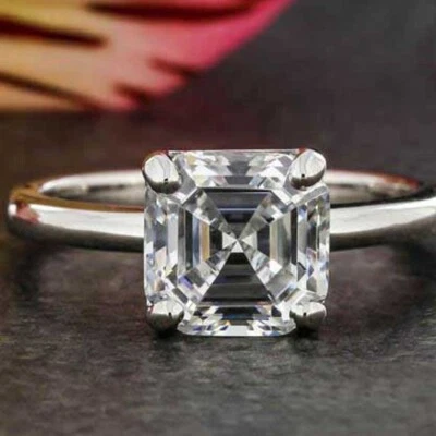 2Ct Asscher Cut Moissanite Solitaire Engagement Ring 14k White Gold Plated - Image 1 of 4