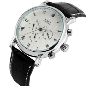 JARAGAR Men Automatic Mechanical Watch White Dial 22mm Leather Band Week Watches - Picture 1 of 9