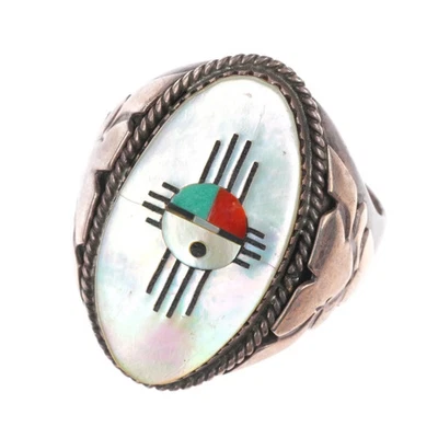 Anillo Hustito Zuni plata esterlina mop incrustación cara solar turquesa/coral talla 13 Foto 1 de 4