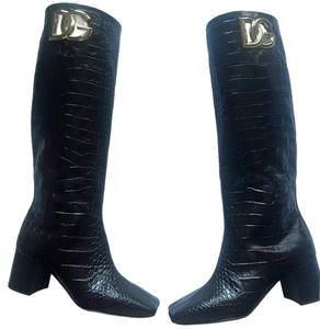 DOLCE GABBANA D&G Botas Marrón Logo Dorado Cuero Crock Talla 7 Tacón Bloque - Imagen 1 de 9