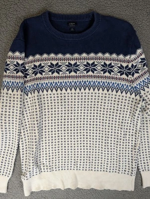 J. Crew Sweater Men's XL Fair Isle Cotton Snowflake Skiing Winter Blue BL173 - Image 1 of 4