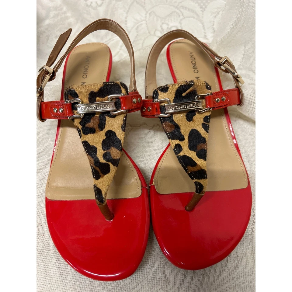 Sandalias de cuña Antonio Melani de charol rojo con estampado de leopardo talla 6,5 Foto 1 de 4