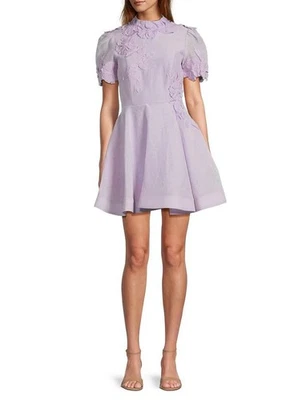 NWT Antonio Melani Sz 12 Iris Linen Floral Mockneck Short Sleeve Dress Lavender - Image 1 of 4