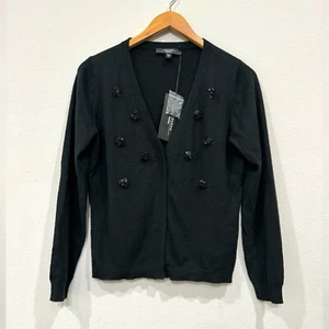 MaxMara Weekend Cardigan Large Cashmere Wool Fitted Black Floral Beaded - Picture 1 of 12