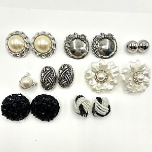Lot Of 8 Pair Silver, Black, & White Clip On Fashion Earrings Luggage Tag