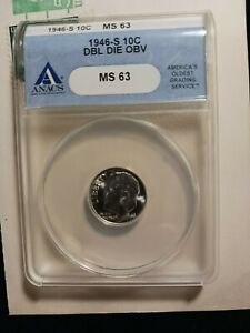 1946-S Double Die Obverse Roosevelt Dime  ANACS MS 63