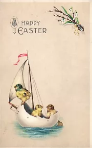 Frohe Ostern Küken segeln im Eierboot Vintage Ostern Postkarte - Bild 1 von 2