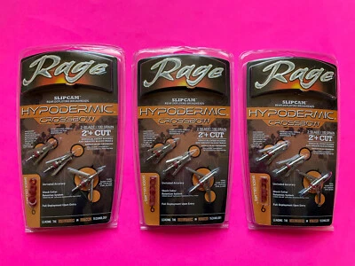 3pkgs Rage Crossbow Hypodermic Broadheads 100 Grain 2" Cut Slipcam Rear Deploy