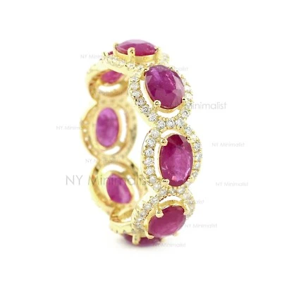 Oval Ruby & Diamond Full Eternity Halo Band Ring Solid 14K Yellow Gold Fine Ring - Image 1 of 4