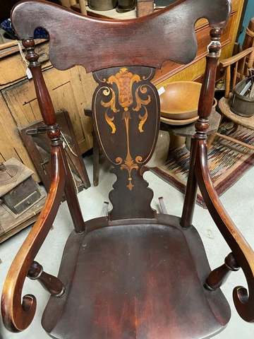Antique Rocking Chair Inlaid Wood Design Plank Bottom Lovely Wood  Comfortable Cover