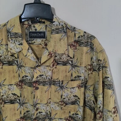 Vintage Ocean Pacific Shirt Mens Large Yellow Hawaiian All Over Print Button Up - Image 1 of 4