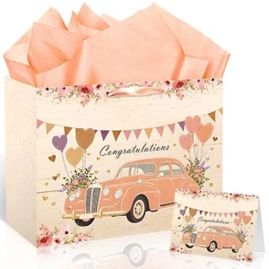 Pink Congratulations Gift Bag Engagement Gift Bag Wedding Shower Paper Bag Bi... - Picture 1 of 7