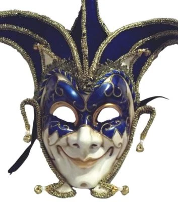 Jester Stick Mask Blue Decorate or Wear Mardi Gras Masquerade Mask Wall Hanging - Image 1 of 4