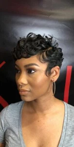 Short Wave Black Pixie Cut Wigs Human Hair With Bangs Full Machine Made No Lace - Picture 1 of 11