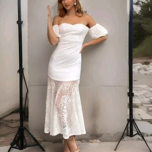 Womens Size 16 UK Off Shoulder Mermaid Dress Floral Lace Puff Sleeve New XL Gown - Picture 1 of 4