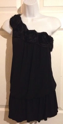 Black Knit One Shoulder Ribbon Rose Knit Shirt MEDIUM Casual Club Wear - Image 1 of 4
