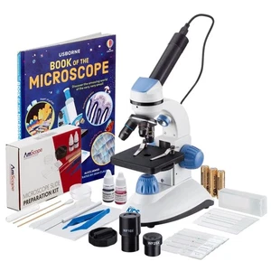 Kit de microscopio compuesto portátil AmScope 40X-1000X 2-LED para niños con libro, cámara - Imagen 1 de 6