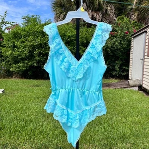 Body de peluche Jill Andrea of New York azul nailon con ribete de encaje talla M - Imagen 1 de 8