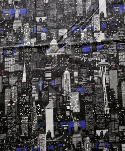 Fabric Traditions Night Skyline Washington New York Seattle 3 Yds Vintage 1998 - Picture 1 of 4