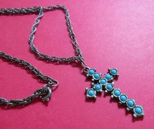 SOUTHWEST 1,5" TÜRKIS KREUZ ANHÄNGER 24" SEIL SILBER GLIEDERKETTE HALSKETTE - Bild 1 von 3