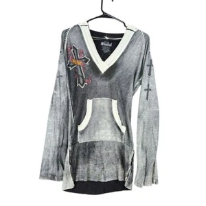 Gothic Cross Graphic Hoodie Y2K Gray Pink Gold Long Sleeve Sinful brand Medium - Picture 1 of 10