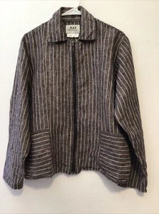 Flax By JE Vtg Heavy Linen Woman Striped Beige Charcoal Jacket Zip Up Sz Medium - Picture 1 of 10
