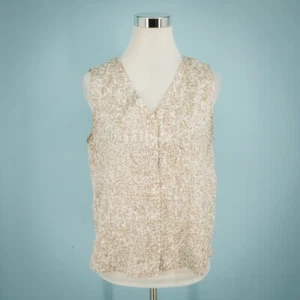 Eileen Fisher Size Small S Tan Print V Neck Button Sleeveless Silk Cotton Top - Picture 1 of 5
