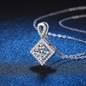1CT Certified Moissanite Necklace D Color square Pendant S925 Solid Silver Women - Picture 1 of 9