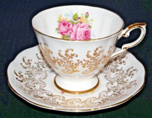 Royal Standard Fine Bone China Japan cup & saucer white with gold detail pink fl - Picture 1 of 5