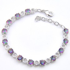 Special Design Natural Round Rainbow Mystic Topaz Gems Silver Charm Bracelets 8"