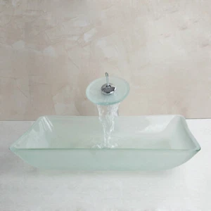 Bathroom Scrub Rectangle Tempered Glass Vessel Sink Bowl Waterfall Faucet Set - Picture 1 of 10