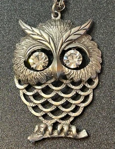 Vintage Beeline Eule Anhänger Halskette silberfarben große Strass Augen 23" - Bild 1 von 6